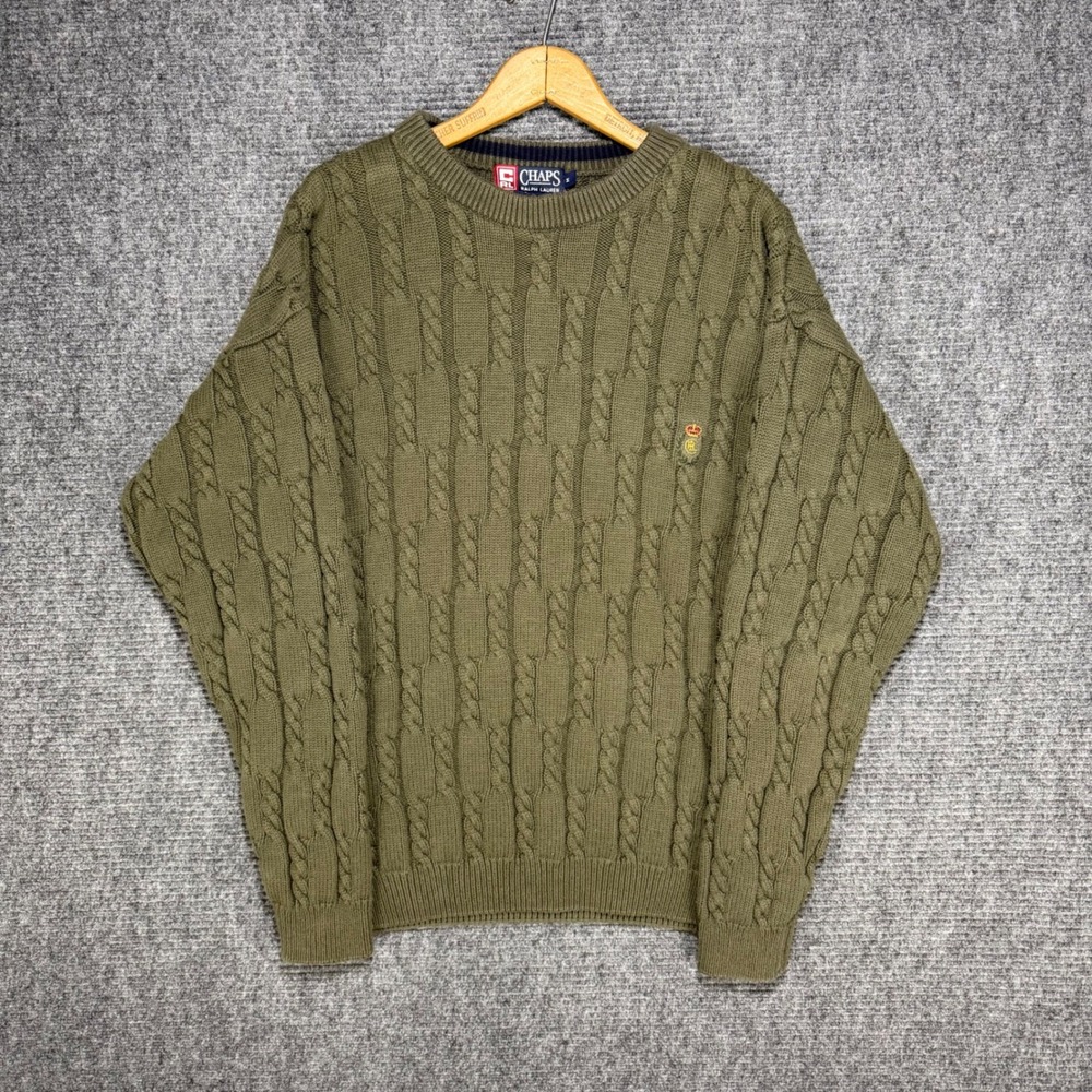 Chaps Ralph Lauren Mens Olive Green Cable Knit Cotton Sweater Crest Logo Size M